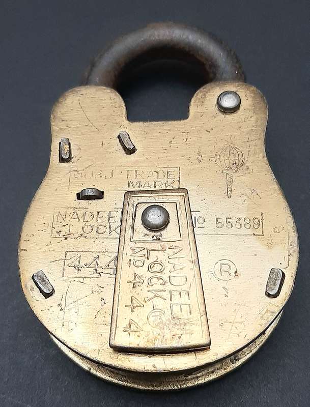 Mid-20th Century : 'Nadeem' Indian Brass 5-Lever Padlock w/ Keys  ( 9cm x 4.5cm)