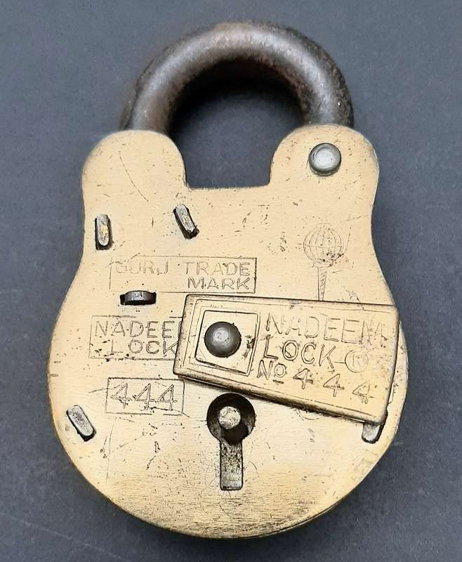 Mid-20th Century : 'Nadeem' Indian Brass 5-Lever Padlock w/ Keys  ( 9cm x 4.5cm)