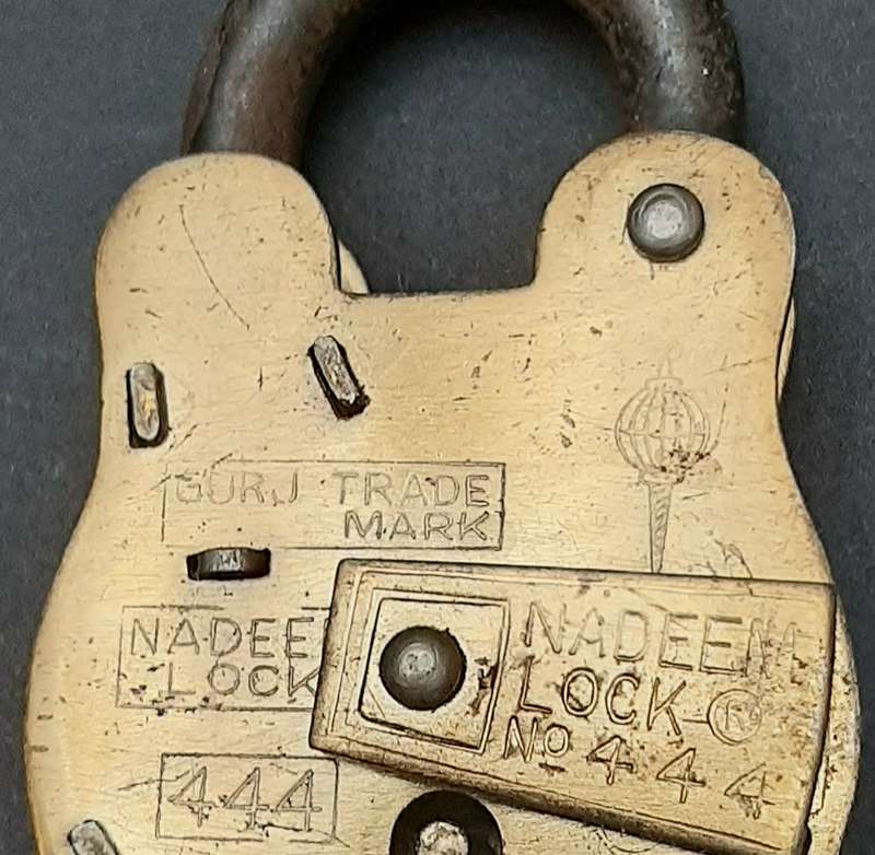 Mid-20th Century : 'Nadeem' Indian Brass 5-Lever Padlock w/ Keys  ( 9cm x 4.5cm)