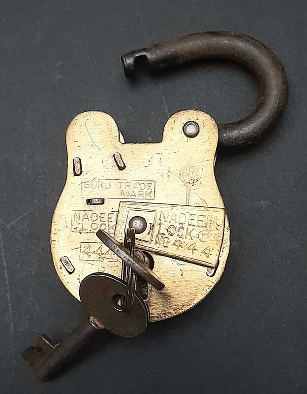 Mid-20th Century : 'Nadeem' Indian Brass 5-Lever Padlock w/ Keys  ( 9cm x 4.5cm)