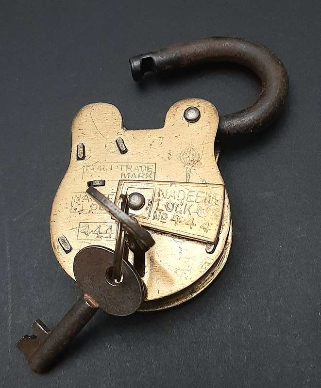 Mid-20th Century : 'Nadeem' Indian Brass 5-Lever Padlock w/ Keys  ( 9cm x 4.5cm)