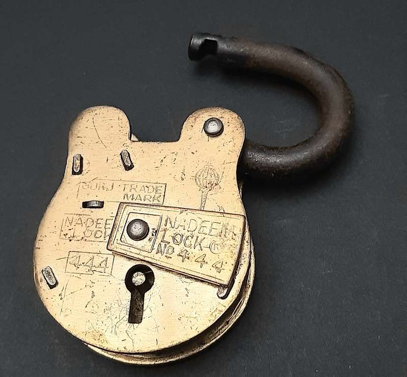 Mid-20th Century : 'Nadeem' Indian Brass 5-Lever Padlock w/ Keys  ( 9cm x 4.5cm)