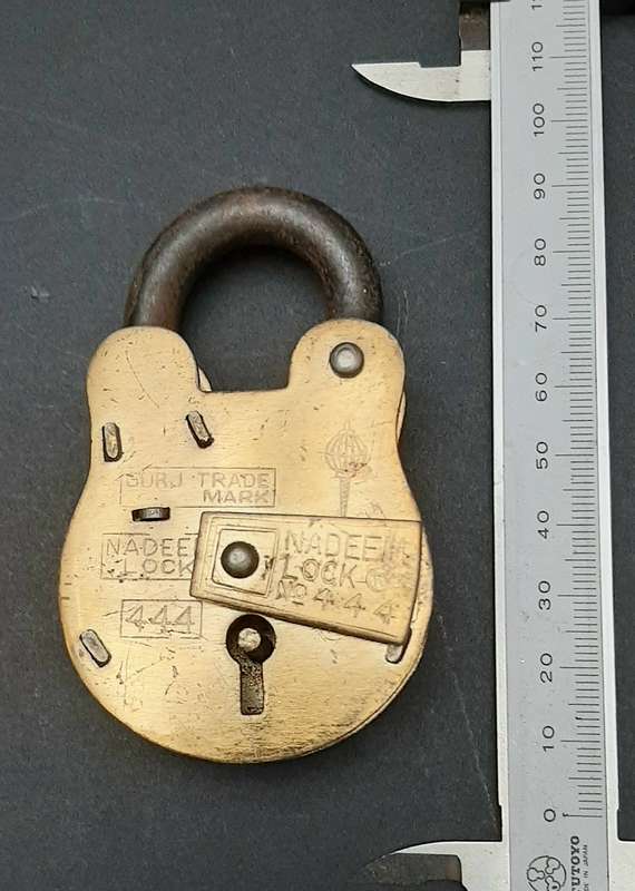 Mid-20th Century : 'Nadeem' Indian Brass 5-Lever Padlock w/ Keys  ( 9cm x 4.5cm)