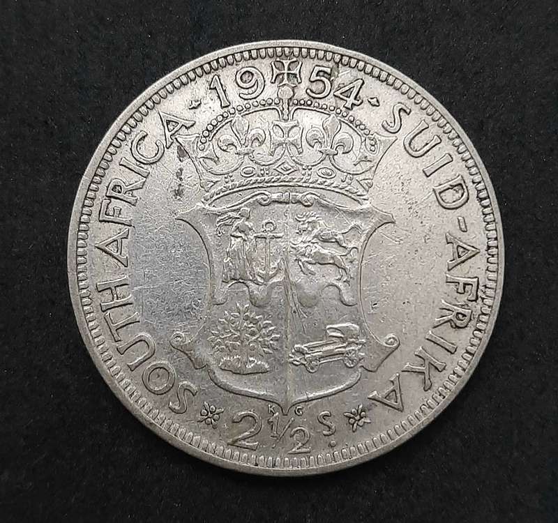 1954 South Africa: QEII .500 Silver 2½ Shilling Coin (F).