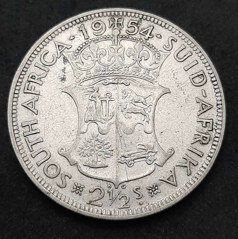 1954 South Africa: QEII .500 Silver 2½ Shilling Coin (F).