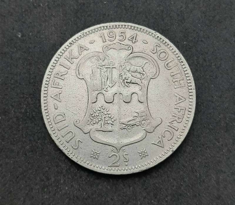 1954 South Africa: QEII .500 Silver 2 Shilling Coin (F/F+).
