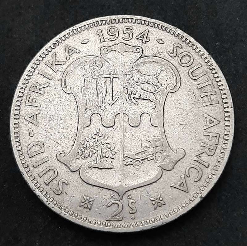 1954 South Africa: QEII .500 Silver 2 Shilling Coin (F/F+).
