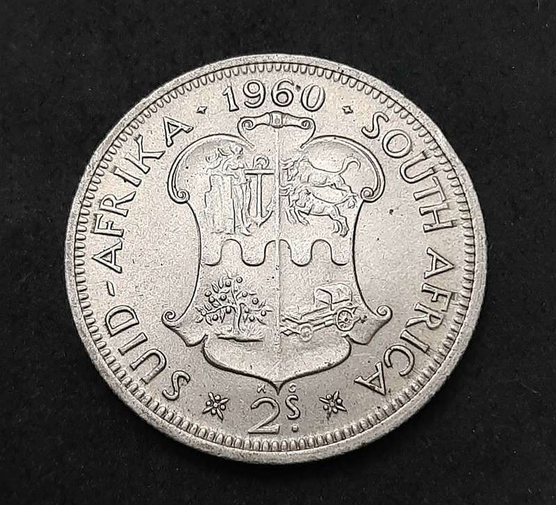 1960 South Africa: .500 Silver 2 Shilling Error Coin (XF/ XF+).
