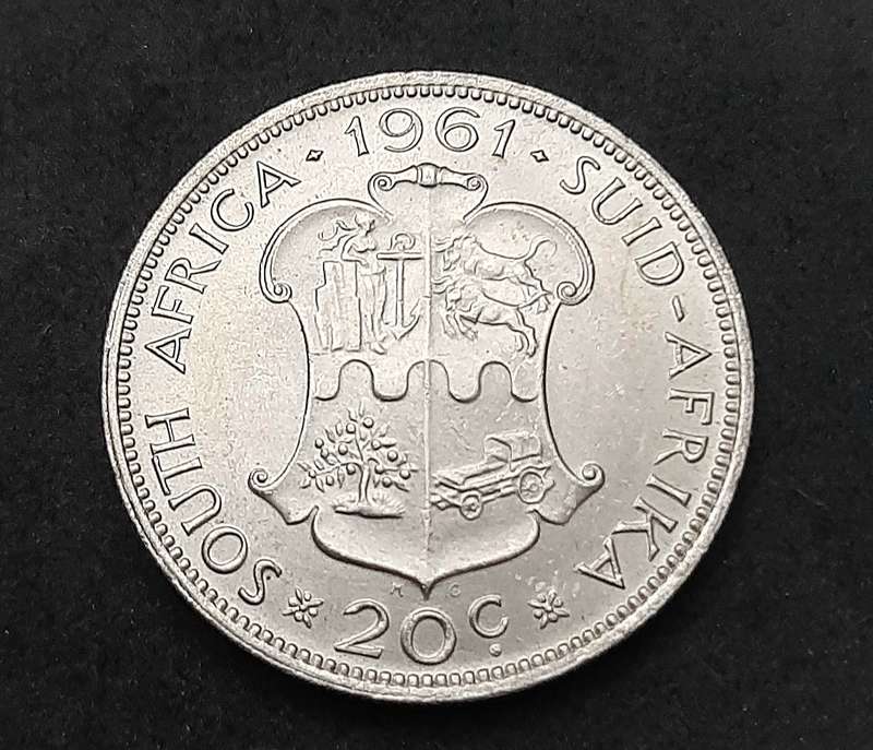 1961 South Africa: .500 Silver 20c Coin (XF+).