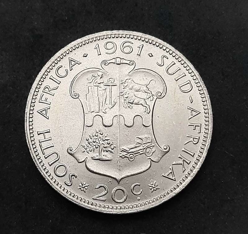 1961 South Africa: .500 Silver 20c Coin (XF+).