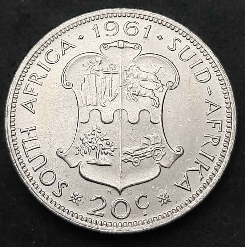 1961 South Africa: .500 Silver 20c Coin (XF+).