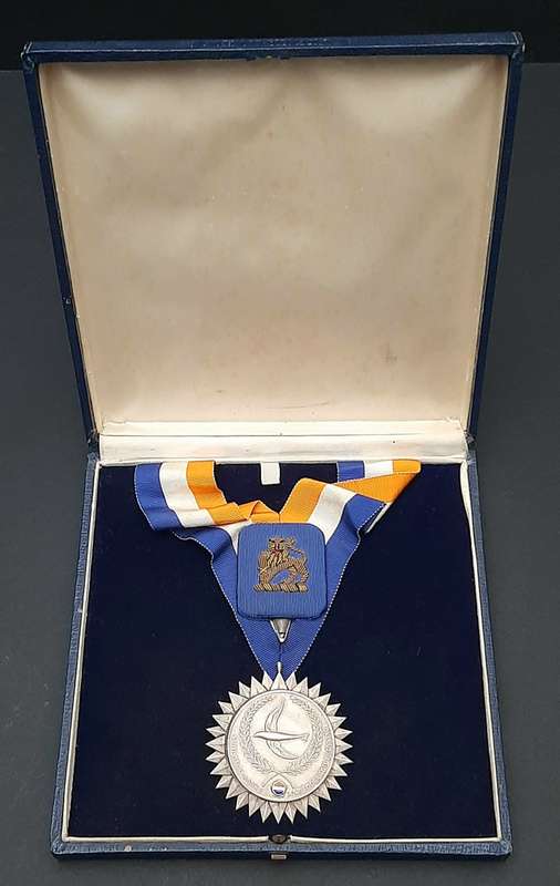 RARE: 1971 South African Sports Merit Award. 925 Silver Medal w/ Ribbon & Presentation Case (XF+).
