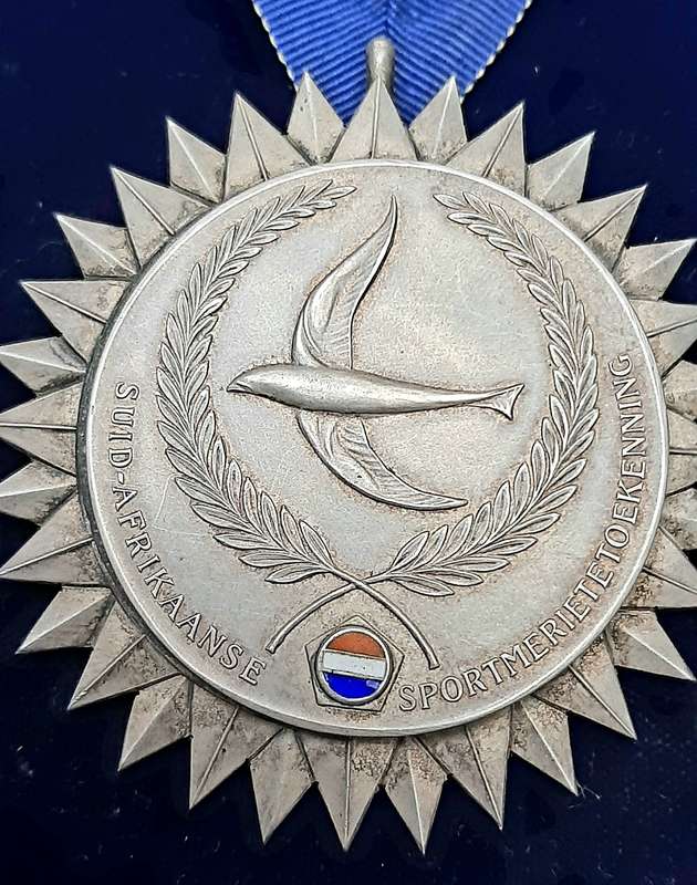 RARE: 1971 South African Sports Merit Award. 925 Silver Medal w/ Ribbon & Presentation Case (XF+).