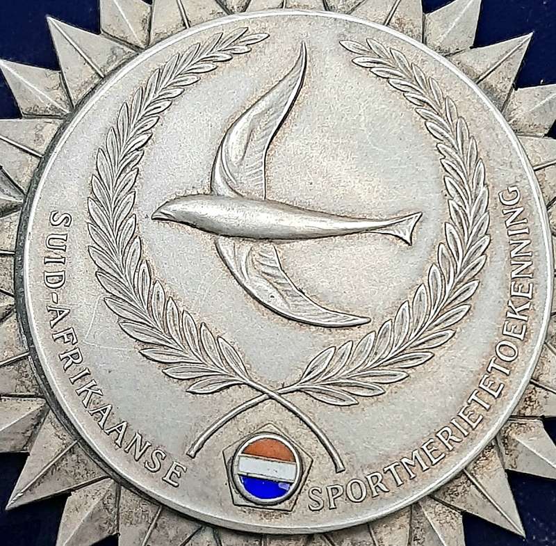 RARE: 1971 South African Sports Merit Award. 925 Silver Medal w/ Ribbon & Presentation Case (XF+).