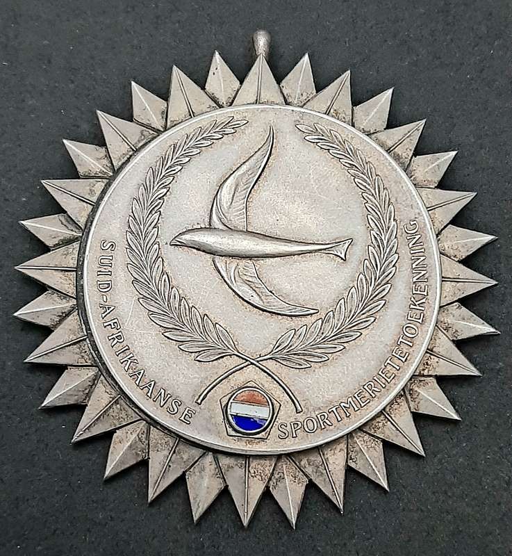 RARE: 1971 South African Sports Merit Award. 925 Silver Medal w/ Ribbon & Presentation Case (XF+).