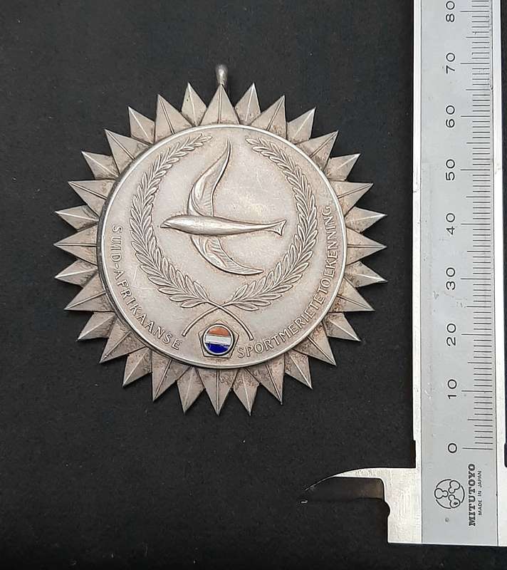 RARE: 1971 South African Sports Merit Award. 925 Silver Medal w/ Ribbon & Presentation Case (XF+).