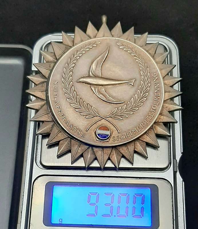 RARE: 1971 South African Sports Merit Award. 925 Silver Medal w/ Ribbon & Presentation Case (XF+).