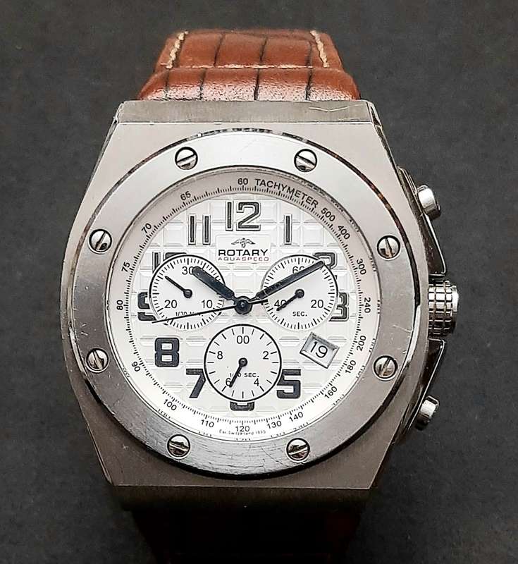 STUNNING: Rotary Gent's 'Aquaspeed' Swiss Tachymeter Chronograph Watch w/ Leather Strap (UNTESTED).