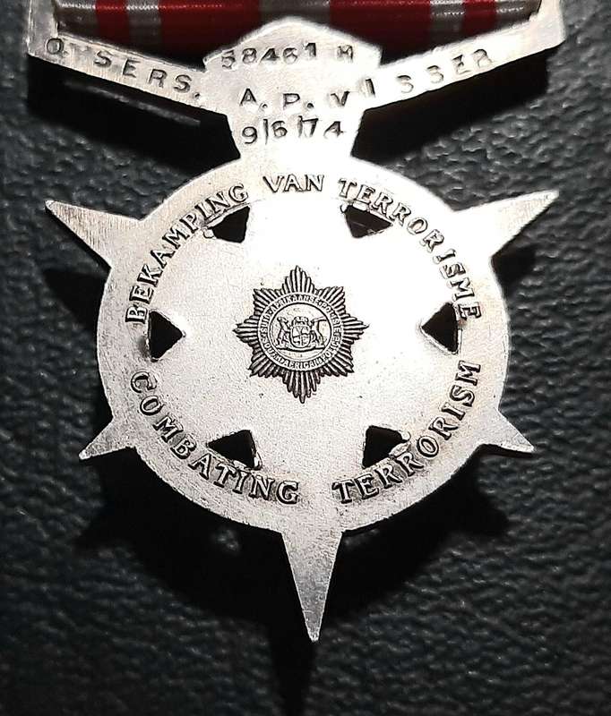 Border War 1970s:  SA Security Forces .925 Silver " Combatting Terrorism Star " Medal w/ Service Bar