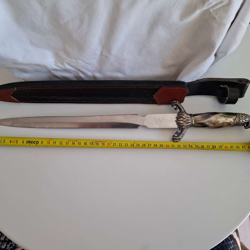 Large Gothic Style Dagger with Leather Sheath in Great Condition