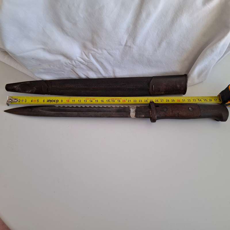Vintage Gebr Heller German Saw Blade Bayonet with Leather Sheath - Repaired - See Description