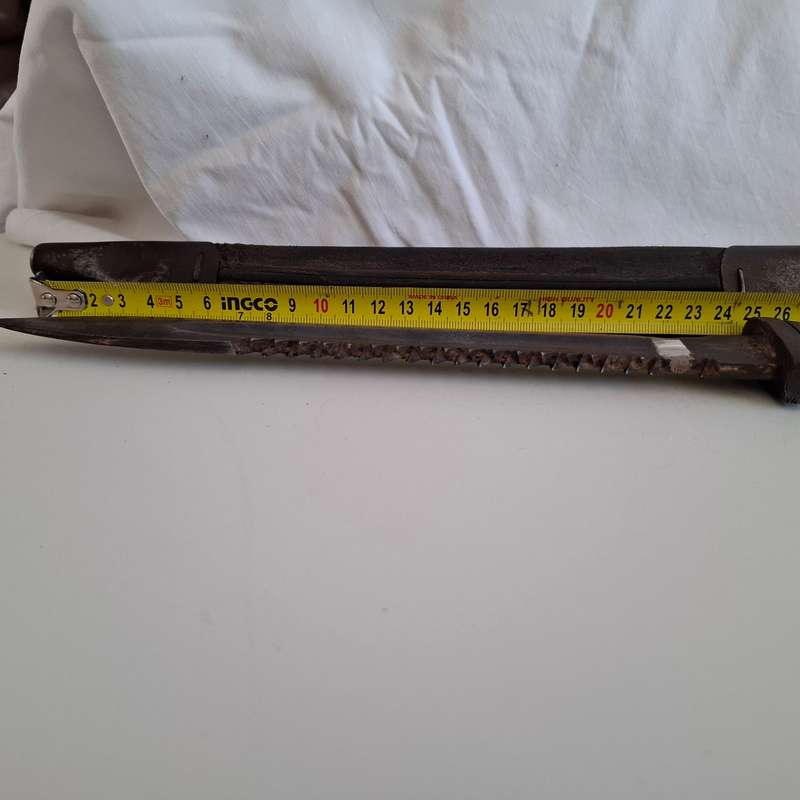 Vintage Gebr Heller German Saw Blade Bayonet with Leather Sheath - Repaired - See Description