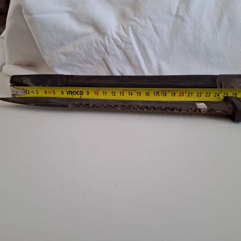 Vintage Gebr Heller German Saw Blade Bayonet with Leather Sheath - Repaired - See Description