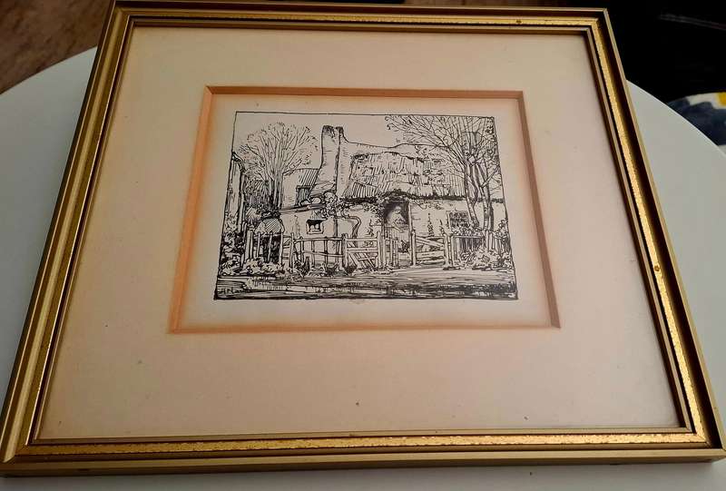 Well known S.A. artist Hugo Naude ink on paper - Farmhouse scene