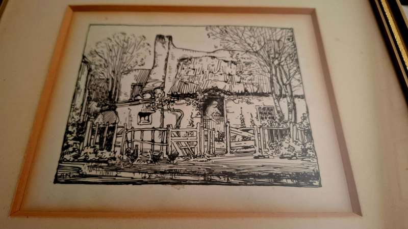 Well known S.A. artist Hugo Naude ink on paper - Farmhouse scene