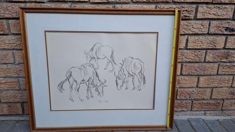 Beautiful Large Ink On Paper Of Grazing Wildebeest By South African Artist Zakkie Eloff 1925 - 2004