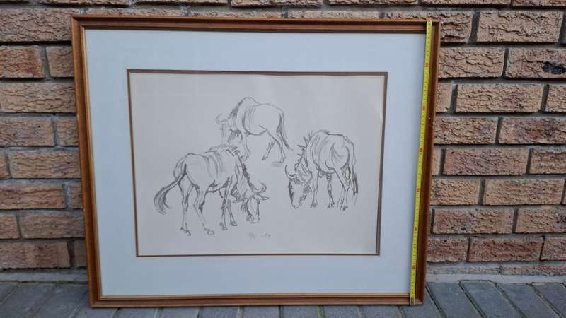 Beautiful Large Ink On Paper Of Grazing Wildebeest By South African Artist Zakkie Eloff 1925 - 2004