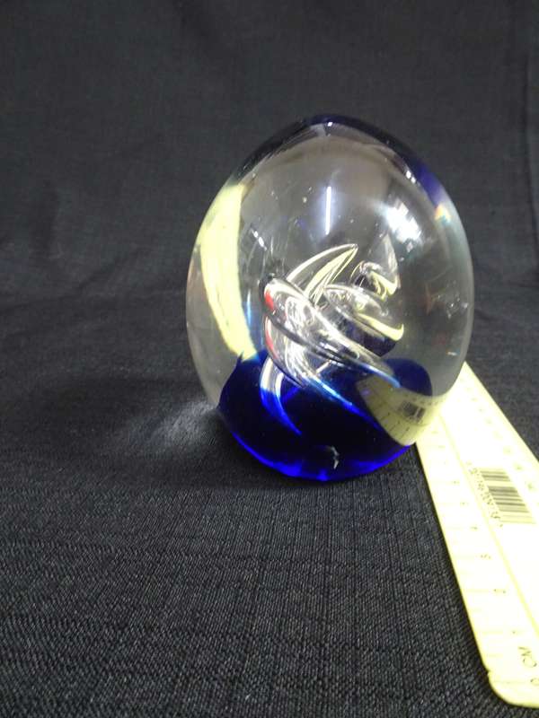 Beautiful Vintage Glass Paperweight with a Silver and Blue Swirls Design Inside