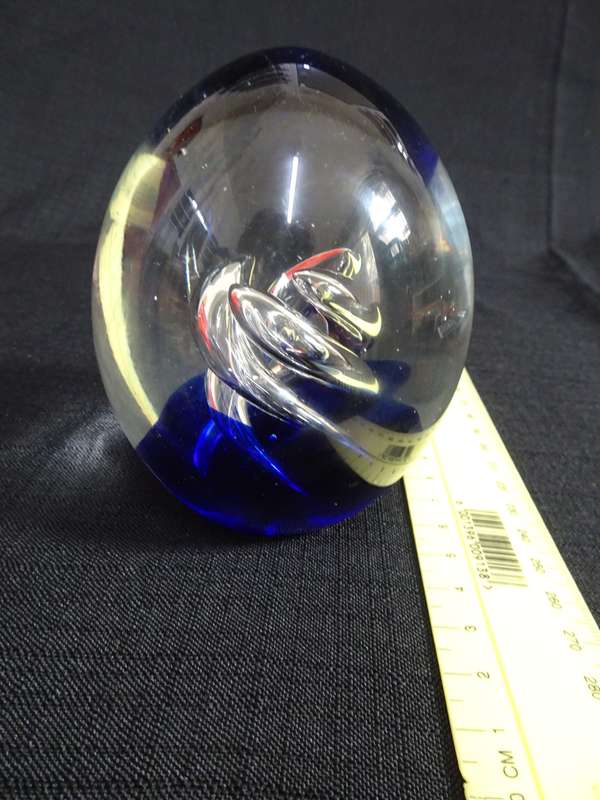 Beautiful Vintage Glass Paperweight with a Silver and Blue Swirls Design Inside