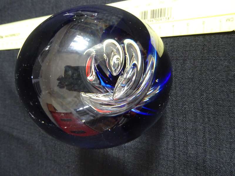 Beautiful Vintage Glass Paperweight with a Silver and Blue Swirls Design Inside