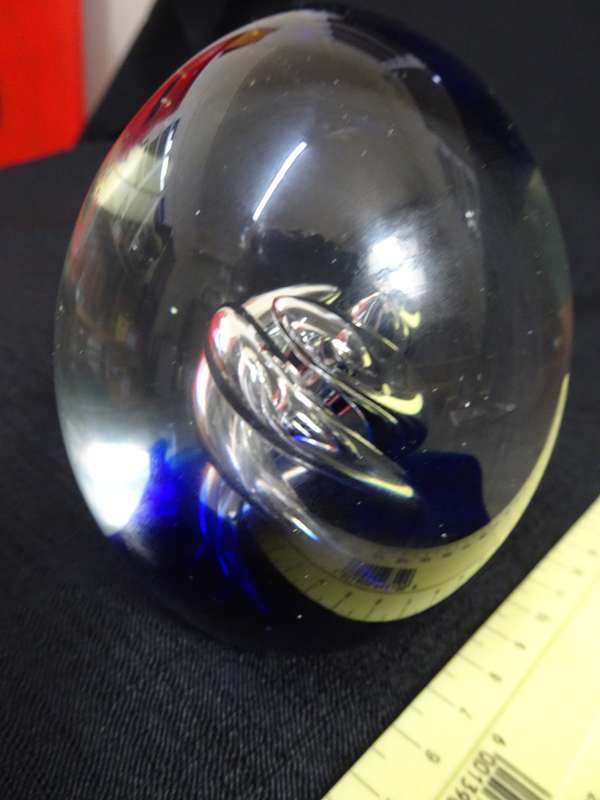 Beautiful Vintage Glass Paperweight with a Silver and Blue Swirls Design Inside