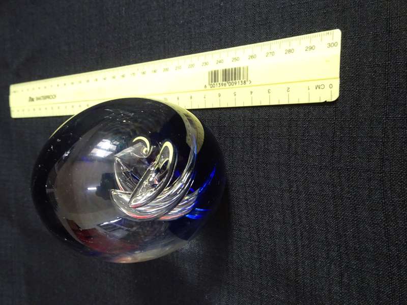 Beautiful Vintage Glass Paperweight with a Silver and Blue Swirls Design Inside