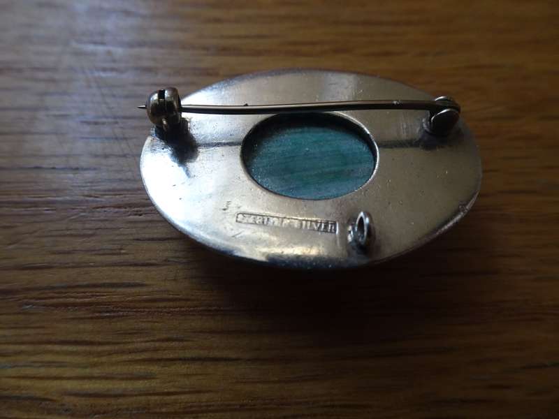 Stunning Vintage Sterling Silver Malachite Brooch - Clearly Marked Sterling Silver - 8.2 Grams