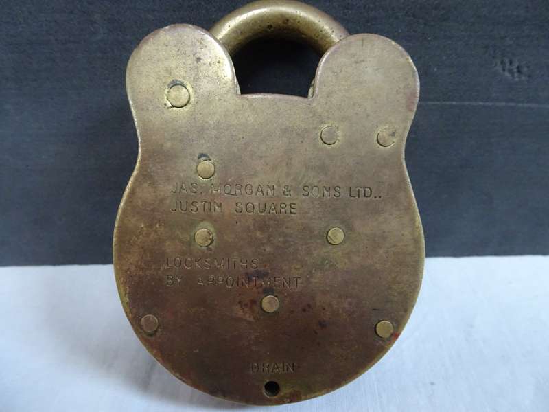 Antique Large Brass Lock Squire,Old English-JAS Morgan&Son LTD-Justin Square - See Description