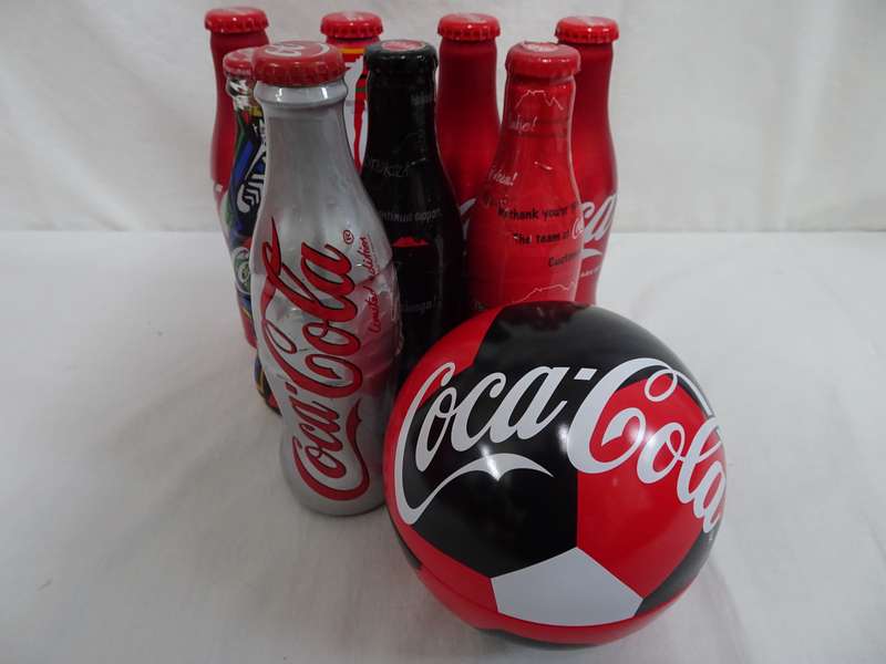 Collection Of 8x Coco Cola Glass Bottles +One Coca-Cola FIFA World Cup Russia 2018 Soccer Metal Ball