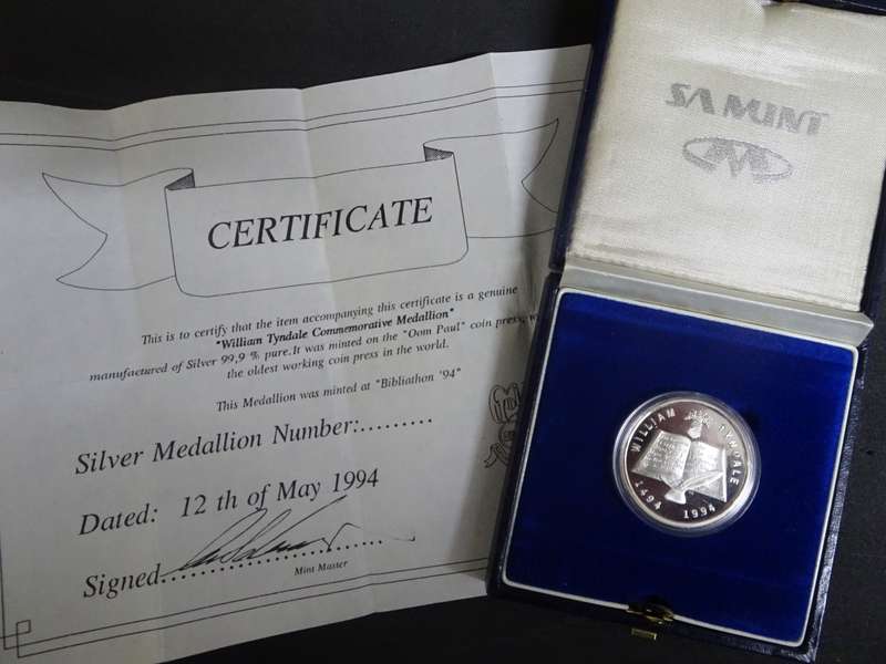 William Tyndale 1494 - 1994 Silver Commemorative Medallion - See My Description