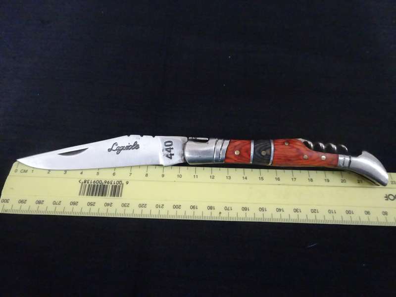 Fantastic Vintage `Laguiole` Folding Knife With Corkscrew Black And Orange Stained Wood Handle