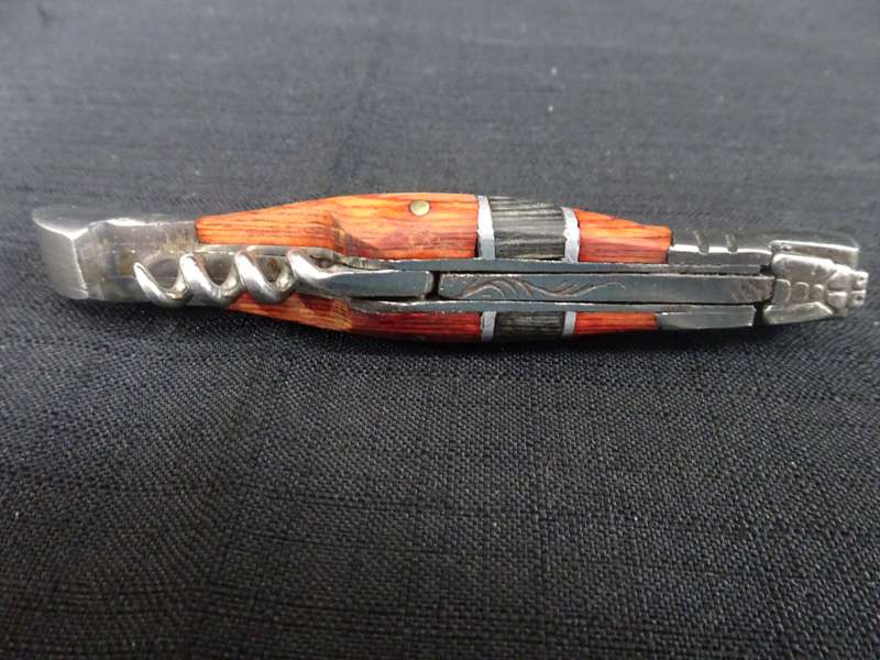 Fantastic Vintage `Laguiole` Folding Knife With Corkscrew Black And Orange Stained Wood Handle
