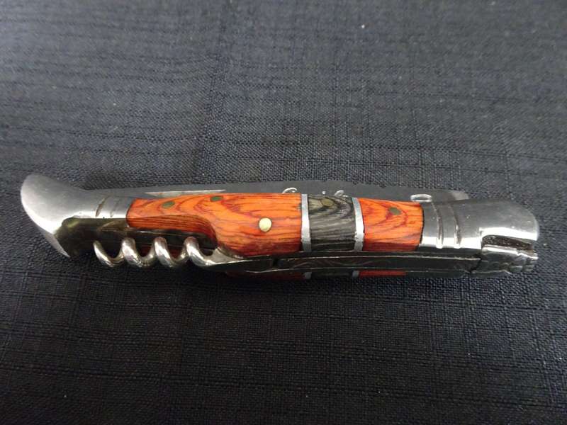 Fantastic Vintage `Laguiole` Folding Knife With Corkscrew Black And Orange Stained Wood Handle