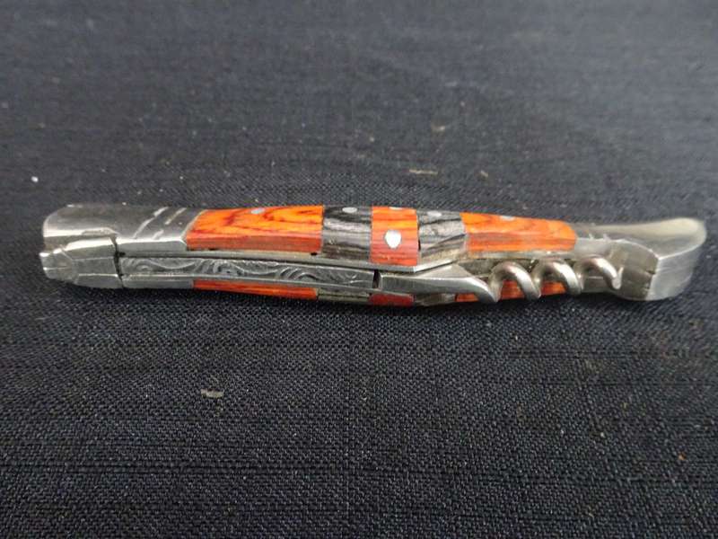 Fantastic Vintage `Laguiole` Folding Knife With Corkscrew Black And Red Stained Wood Handle