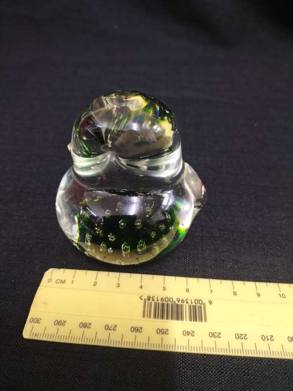 Vintage Art Clear Glass Bird Paperweight With Dark Green Bubbles