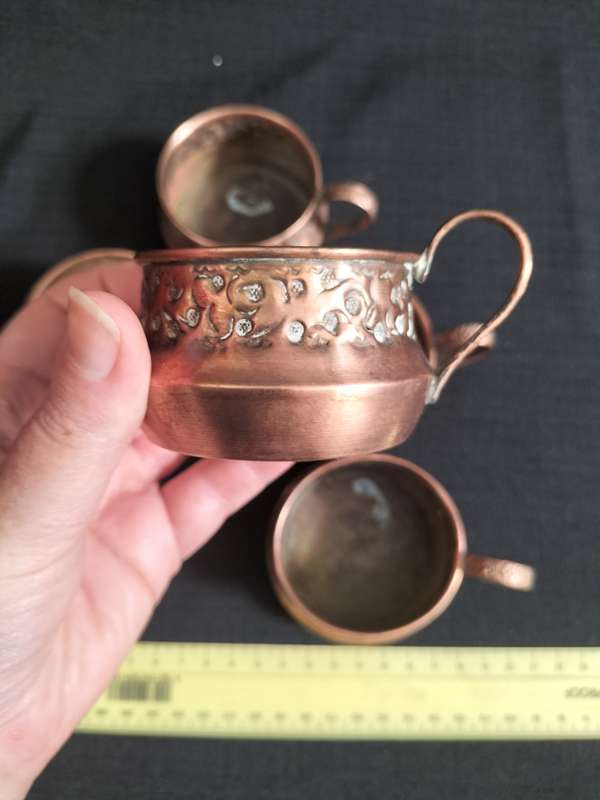 Very Rare Set of Five Jewish Vintage Ora Israel Copper Cups Embossed Design - Good Condition