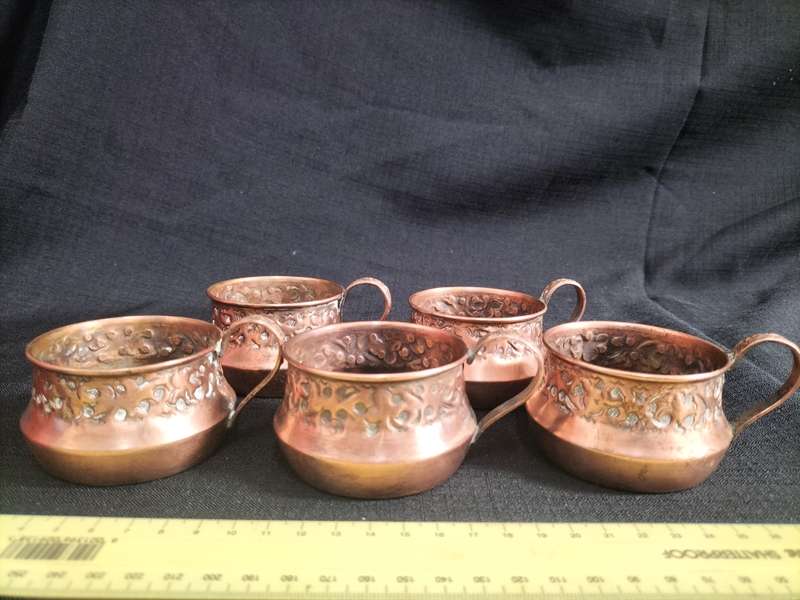 Very Rare Set of Five Jewish Vintage Ora Israel Copper Cups Embossed Design - Good Condition