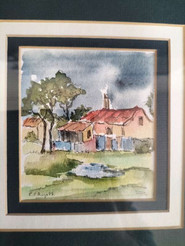 Beautiful Vintage Watercolor Painting of Rural Scene Framed- Painting is signed EJ Royo FF