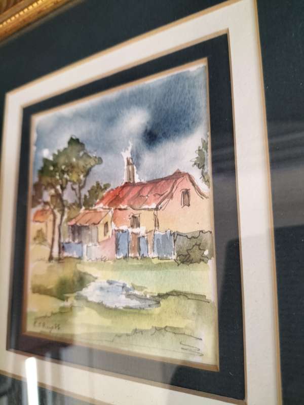 Beautiful Vintage Watercolor Painting of Rural Scene Framed- Painting is signed EJ Royo FF
