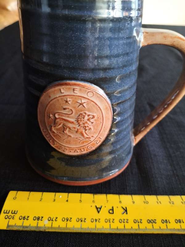Vintage Wold Pottery Hand Thrown Blue Routh Beverly Yorkshire Mug Stein Tankard - Leo Zodiac Sign